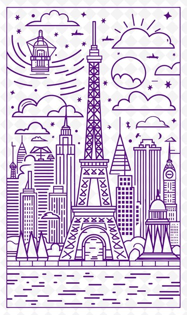 PSD png travel postcard design with modern frame style design decora outline arts scribble decorative