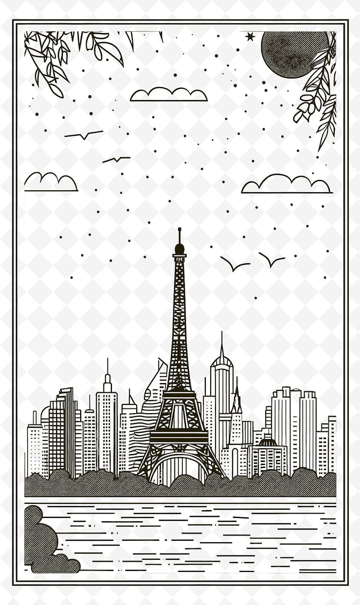 PSD png travel postcard design with modern frame style design decora outline arts scribble decorative