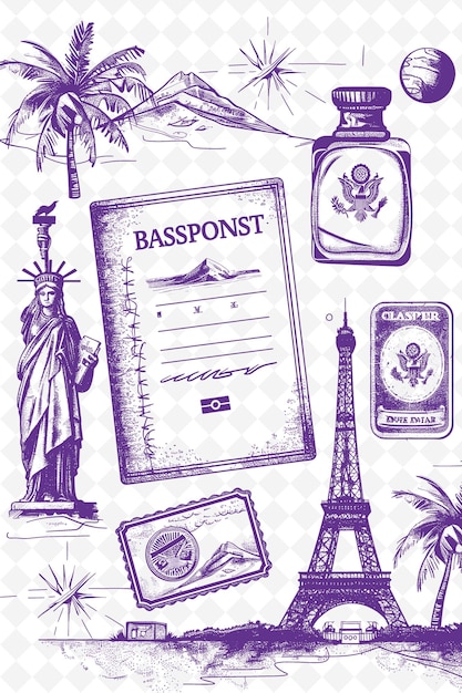 PSD png travel themed postcard design with a passport frame style ac outline arts scribble decorative (дизайн открыток с тематикой путешествий с рамкой для паспорта)