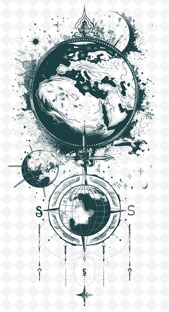 PSD png travel themed postcard design with a globe frame style accom outline arts scribble decorative