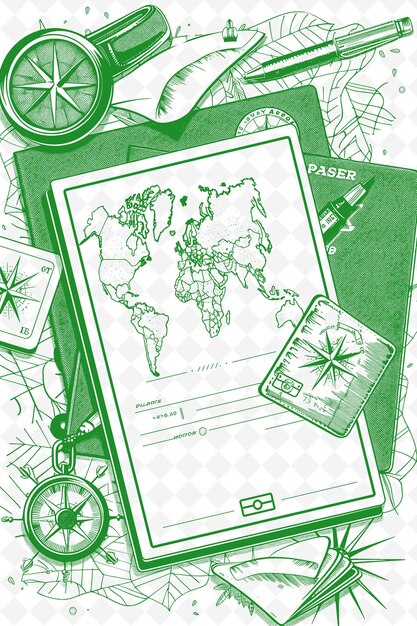 PSD png travel themed postcard design with a passport frame style ac outline arts scribble decorative