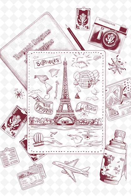 PSD png travel themed postcard design with a passport frame style ac outline arts scribble decorative