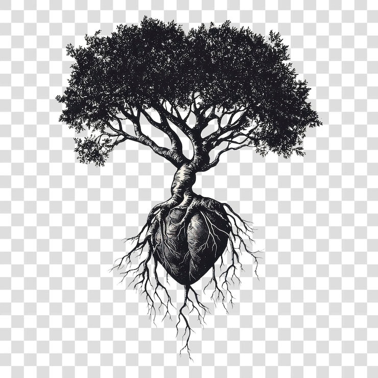 PSD png a tree with roots intertwined into a human heart nature design representation