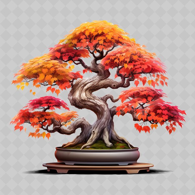 PSD png trident maple bonsai tree stone pot lobed leaves autumn them transparent diverse trees decor