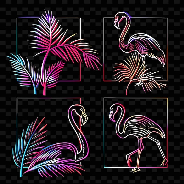 PSD png tropical palm leaves borderlines design with flamingo motifs ilustracja kolekcje abstrakcyjne