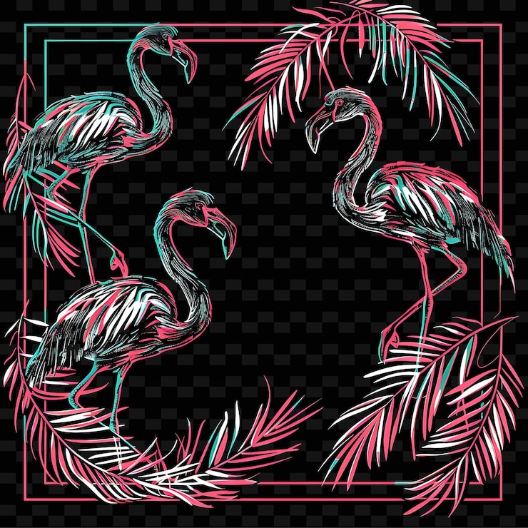PSD png tropical palm leaves borderlines design with flamingo motifsillustration abstract collections