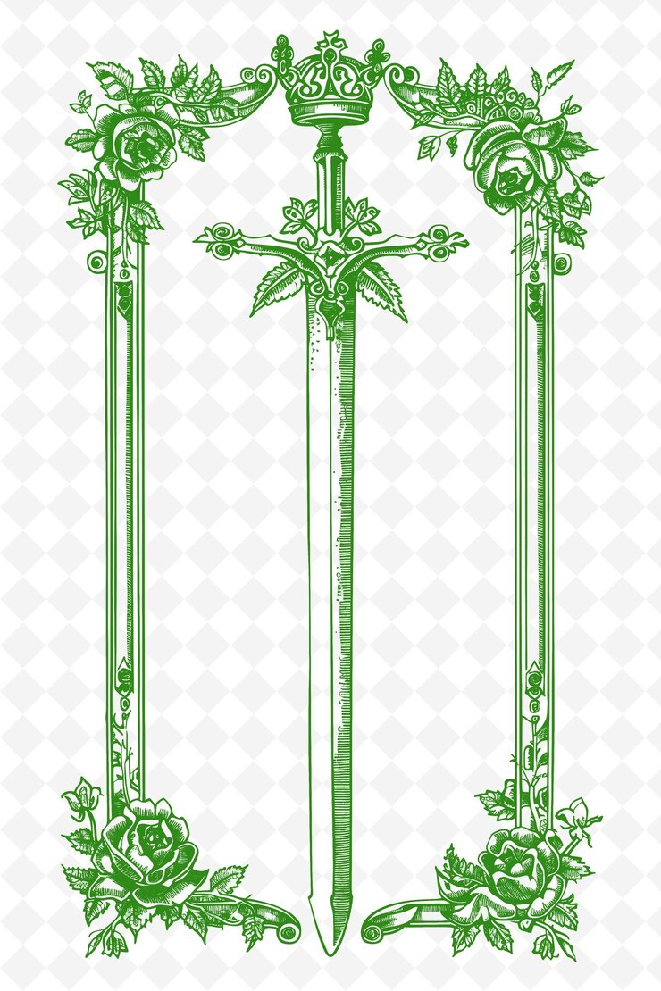 PSD png tudor rose frame art met kroon en zwaard decoraties border illustratie frame art decoratief