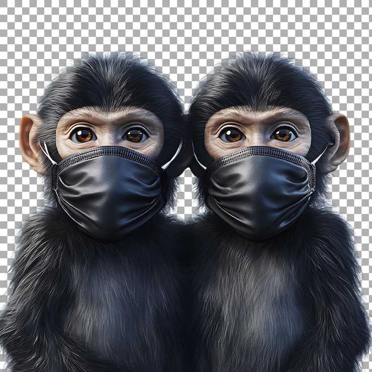 PSD png two cute monkeys wearing masks against a transparent background