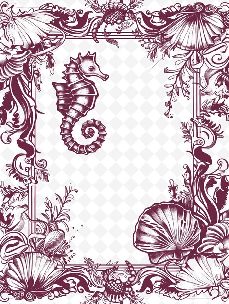 PSD png underwater frame art met seahorse en seashell decorations illustratie frame art decorative