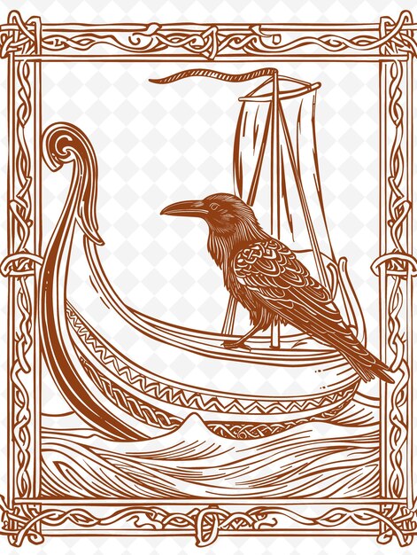 Png viking longship frame art with raven and waves decorations b illustration frame art decorative