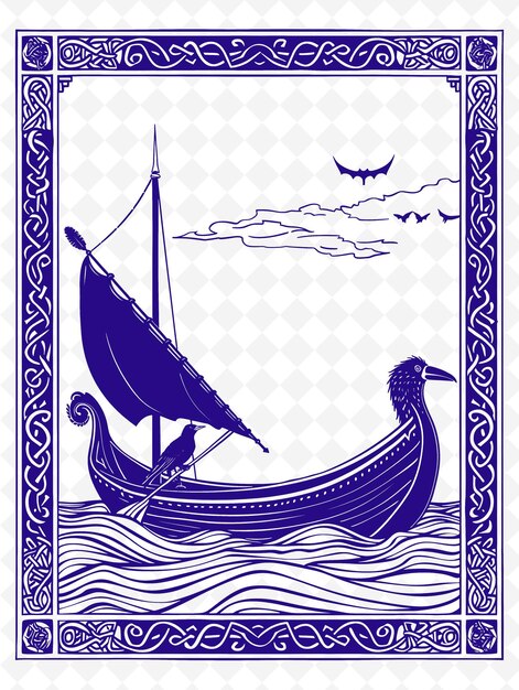 PSD png viking longship frame art z dekoracjami raven and waves b ilustracja frame art decorative