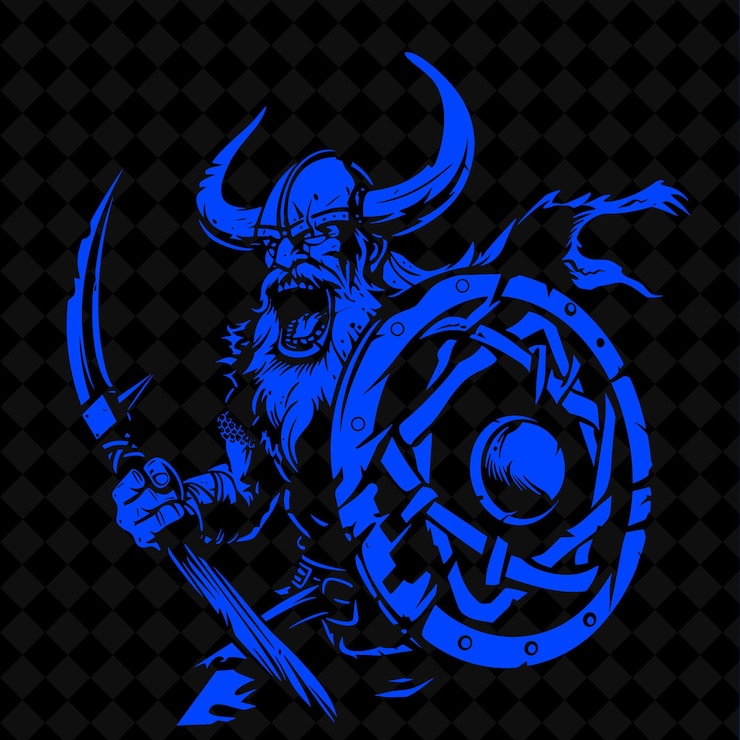 PSD png viking met een deense bijl en een rond schild dat woede uitdrukt middeleeuwse krijger karaktervorm