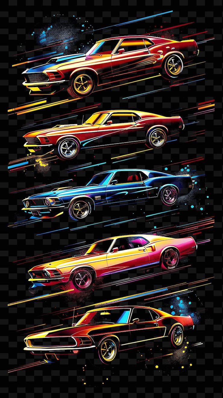 PSD png vintage car tape decal with images of classic cars and hot creative neon y2k shape decorativer