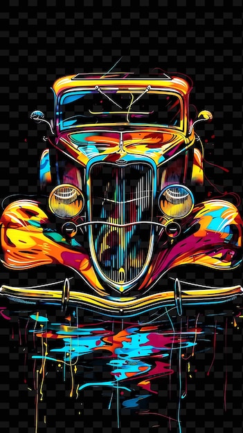 PSD png vintage car tape decal z obrazami klasycznych samochodów i hot creative neon y2k shape decorativer