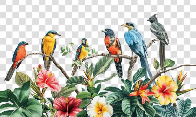 PNG 熱帶叢林鳥類復古畫作背景