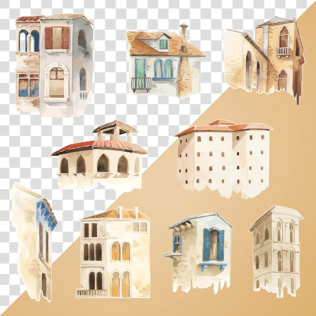Png vintage European building watercolor architectural illustration set