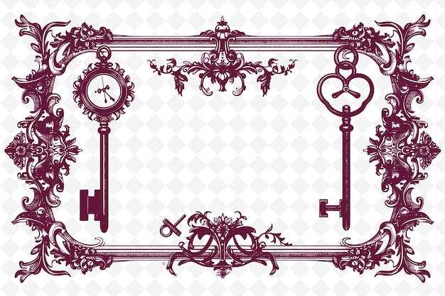 PSD png vintage frame art con chiave antica e orologio da tasca decorati illustrazione frame art decorative