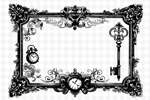 PSD png vintage frame art z antycznym kluczem i kieszonkowym zegarkiem decorati ilustracja frame art decorative