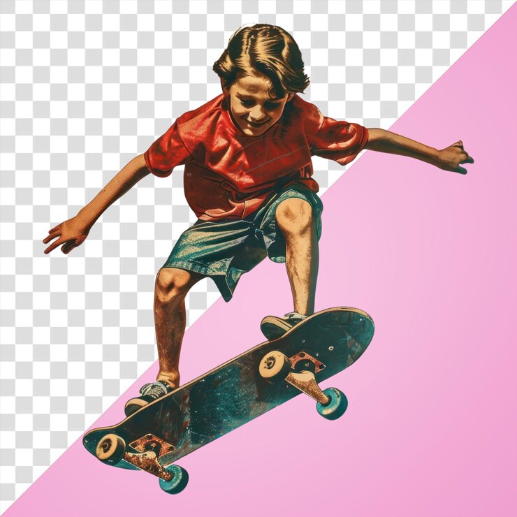 PSD png vintage illustratie van een schattige jongen die op een skateboard rijdt skateboard skateboarder kleding