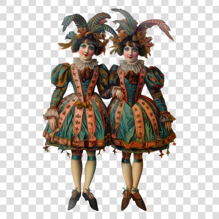 PSD png vintage ilustracja kostiumów bliźniaków harlekinów