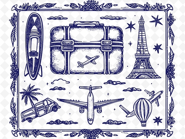 PSD png vintage travel frame art con valigie e decorazioni per aerei illustration frame art decorative