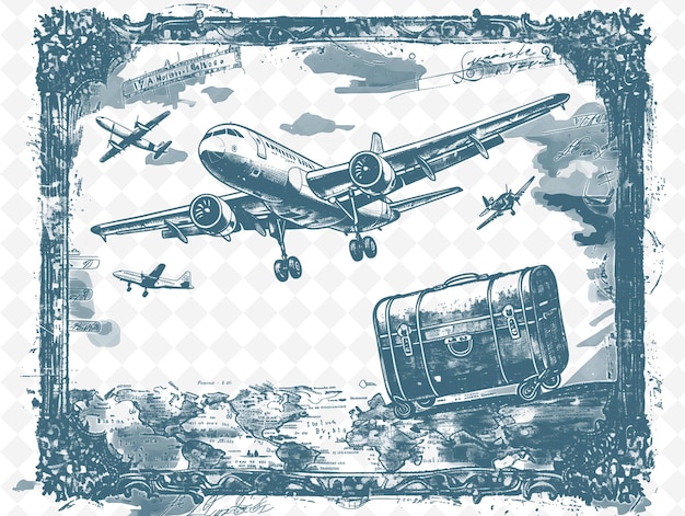 PSD vintage travel frame art with suitcase and airplane decorati 일러스트레이션 프레임 아트 장식