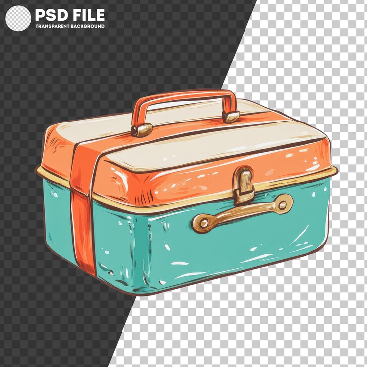 PSD png vintage travel suitcase with colorful stripes on an offwhite background