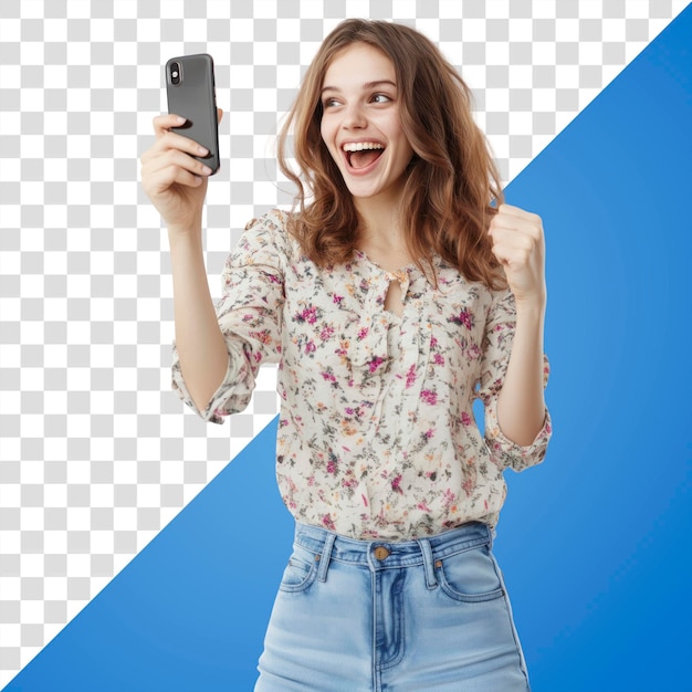 PNG-vrouw neemt een selfie met haar telefoon blouse vrolijk