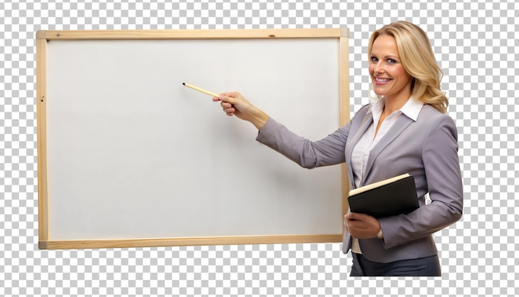 PSD png-vrouwelijke instructeur met wijzer en doorzichtig whiteboard