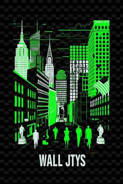 PSD png wall street con la scena stradale del distretto finanziario e l'illustrazione di skyscra citys scene art decor