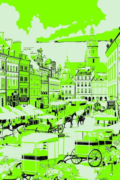 PSD png città vecchia di varsavia con affascinante scena stradale pastello colorato b illustrazione città scena decorazione artistica