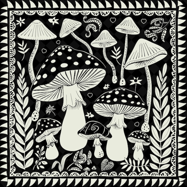 Png whimsical folk art with mushrooms and toadstools for decorat outline traditional frame art