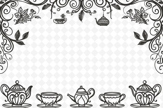 PSD png whimsical frame art with teacups and teapot decorations board illustration frame art decorative