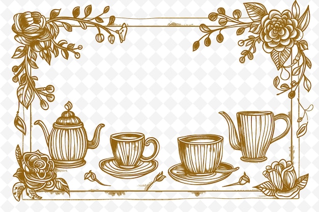 PSD png whimsical frame art with teacups and teapot decorations board illustration frame art decorative