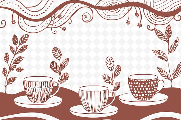 PSD png whimsical frame art with teacups and teapot decorations board illustration frame art decorative