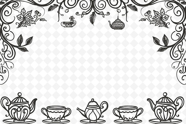 PSD png whimsical frame art with teacups and teapot decorations борд иллюстрация рамка декоративная