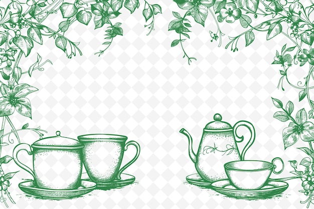 PSD png whimsical frame art with teacups and teapot decorations bord illustration frame art decorative