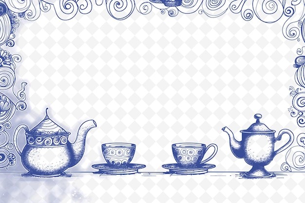 PSD png whimsical frame art with teacups and teapot decorations bord illustration frame art decorative