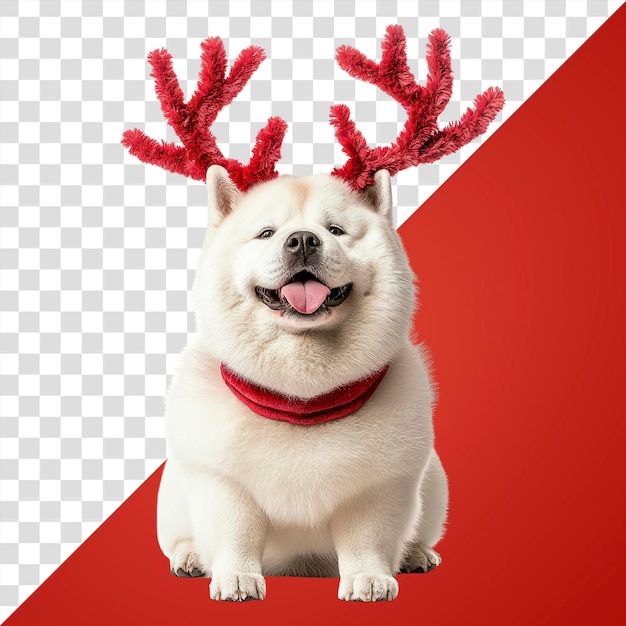 png white chow chow dog dog wearing a red deer antlers headband on head background christmas costume