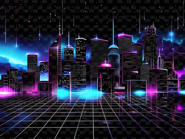 PSD png wide tape decal with holographic cityscape and neon grid li creative neon y2k shape decorativen