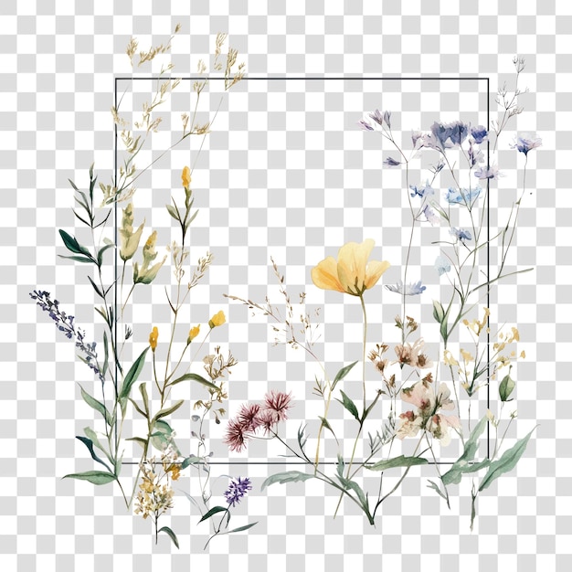 PNG Wilde bloemen vierkante lijn frame kunst illustratie waterverf