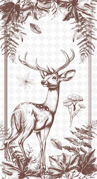 PSD png wildlife postcard design con cornice naturale stile di progettazione dec outline arts scribble decorative