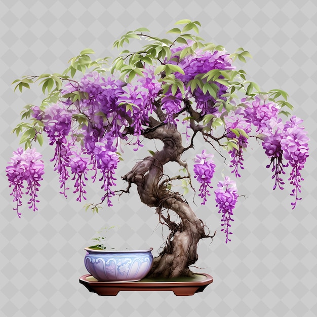 PSD png wisteria bonsai tree antique pot compound leaves cascading t transparent diverse trees decor