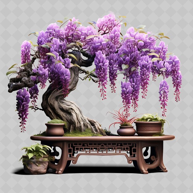 PSD png wisteria bonsai tree porcelain pot compound leaves romantic transparent diverse trees decor