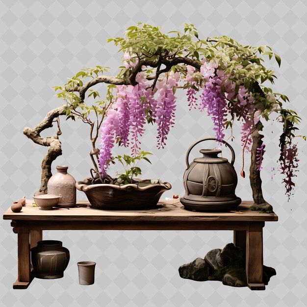 PSD png wisteria bonsai tree vintage keramische pot compound bladeren rom transparante diverse bomen decor