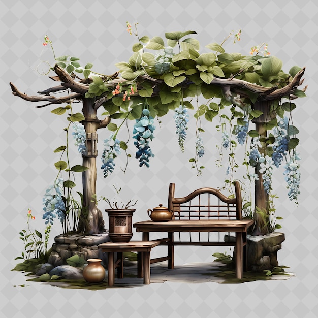 PSD png wisteria bonsai tree vintage keramische pot compound bladeren rom transparante diverse bomen decor