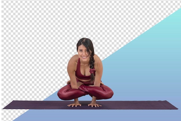 PSD png di una donna che pratica yoga facendo una postura su un tappetino da yoga