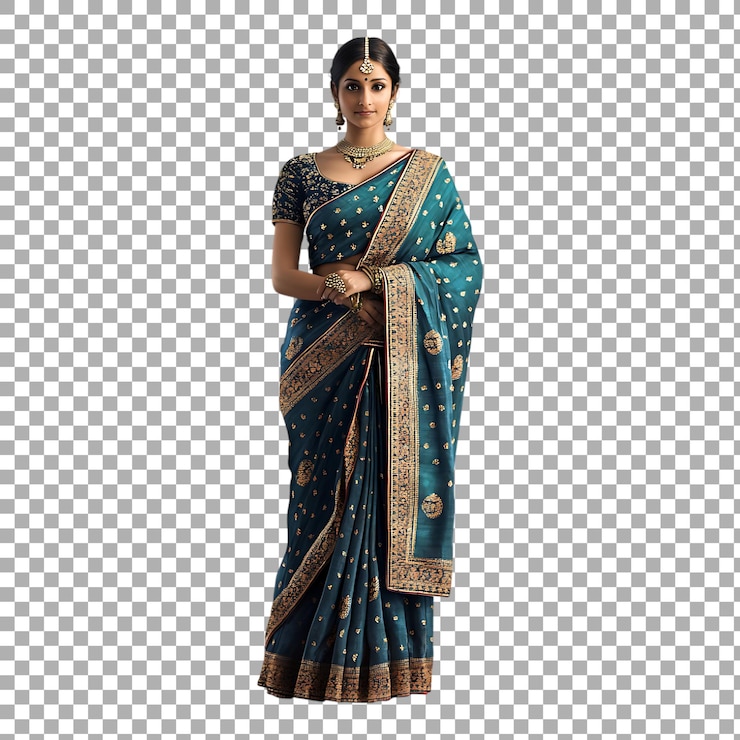 PSD png woman wearing blue saree isolated against a transparent background for traditional fashion cultural celebrations or ethnic design projects