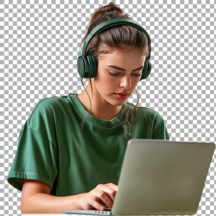 PSD png woman wearing headphones using a laptop isolated against a transparent background for remote work study or digital communication