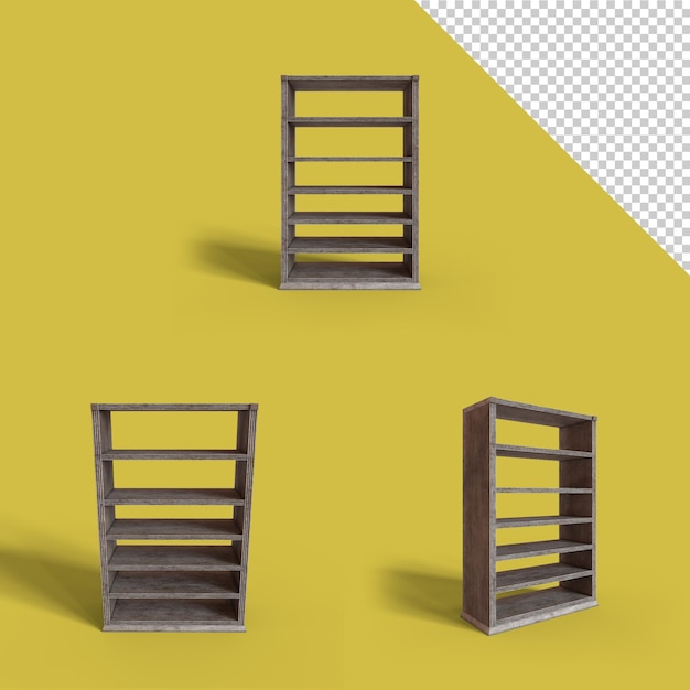 PSD png wooden bookshelf with transparent shadown with 3 different possitions 3d wooden bookshelf